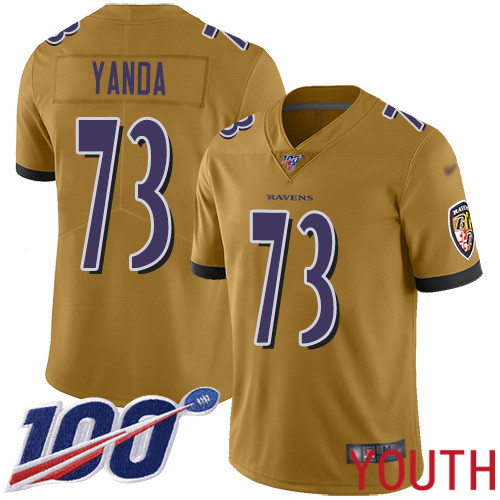 Baltimore Ravens Limited Gold Youth Marshal Yanda Jersey NFL Football #73 100th Season Inverted Legend->youth nfl jersey->Youth Jersey